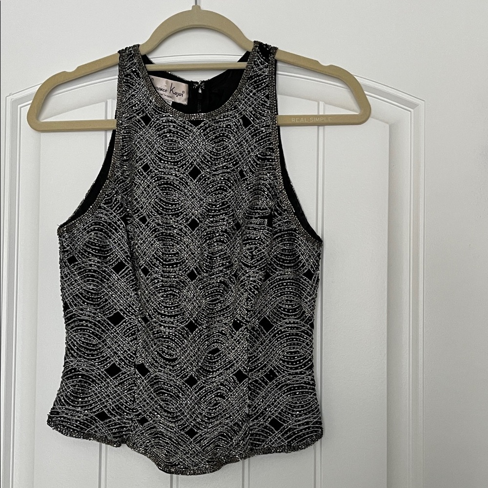 Laurence Kazar Black and Silver Beaded Geometric Top